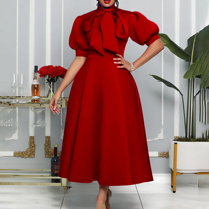 Damen elegante Maxikleid mit voluminösen Puffärmeln und Schleifenkragen Stalluxe