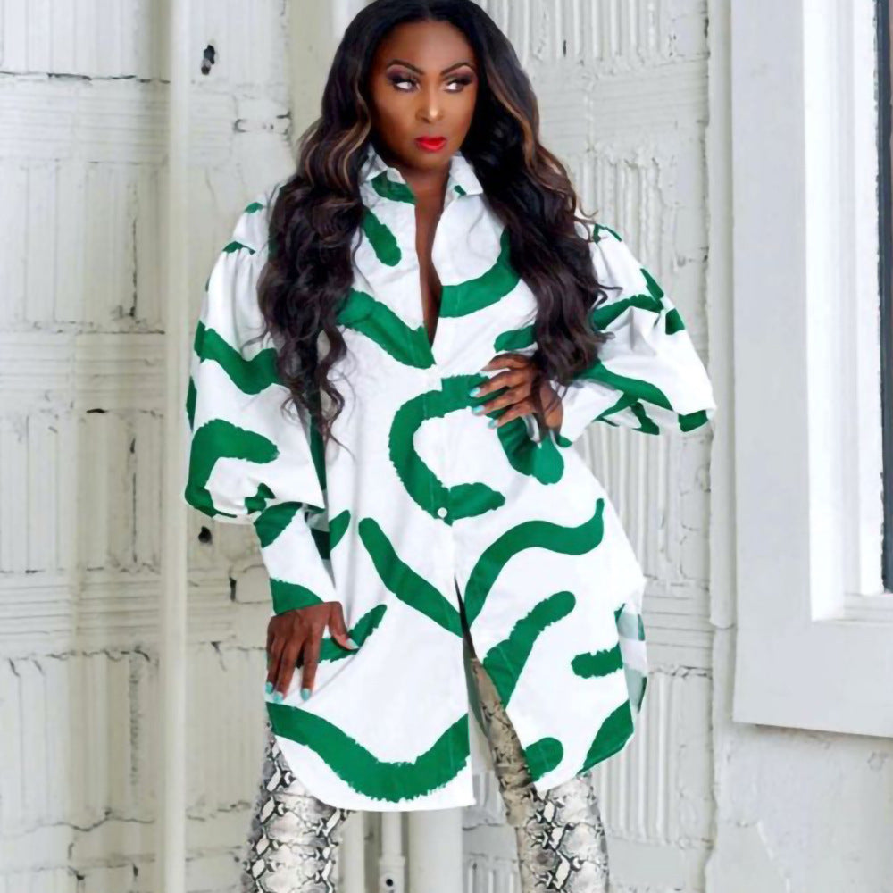 Damen Modisches Hemdblusenkleid mit auffälligem Muster und voluminösen Ärmeln Stalluxe