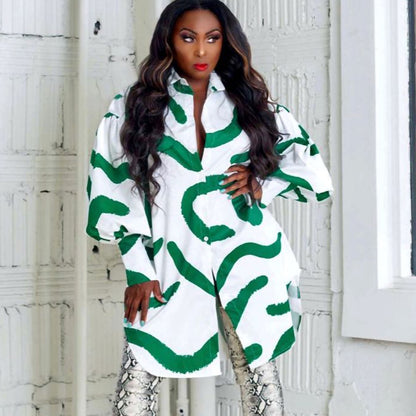 Damen Modisches Hemdblusenkleid mit auffälligem Muster und voluminösen Ärmeln Stalluxe