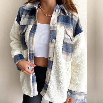 Damen Lässiger Oversize-Fleecejacke mit Karomuster und Taschen Stalluxe