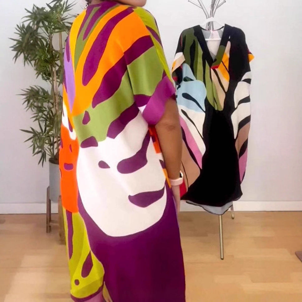 Damen lockeres Wickelkleid mit modernen Farbblockmustern und übergroßen Ärmeln Stalluxe