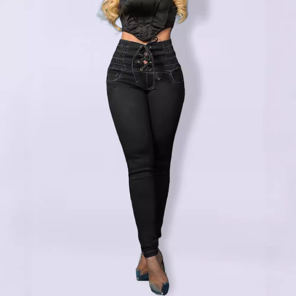 Damen Hochtaillierte Jeggings mit Schnürung Stalluxe Schwarz