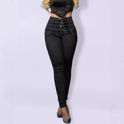 Damen Hochtaillierte Jeggings mit Schnürung Stalluxe Schwarz