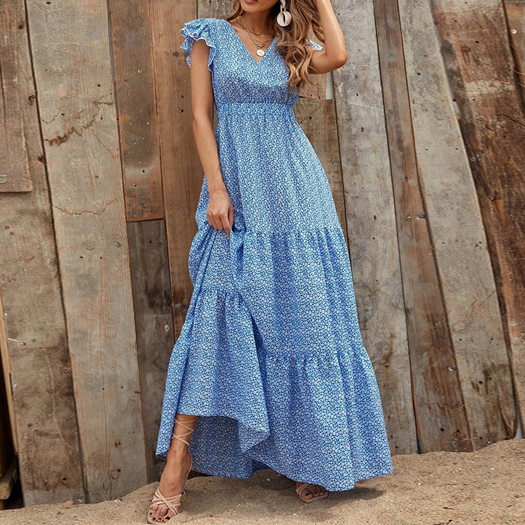 Damen Maxikleid mit zarten Rüschendetails und tieferem V-Ausschnitt Stalluxe