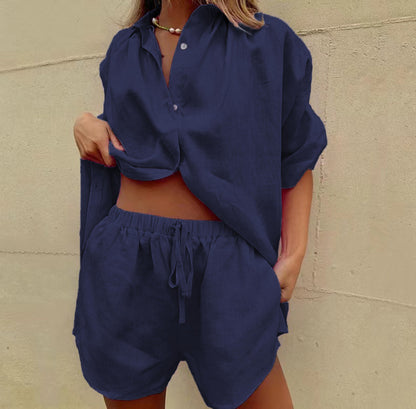 Damen lässiges Leinen-Set mit oversized Hemd und kurzen Hosen Stalluxe