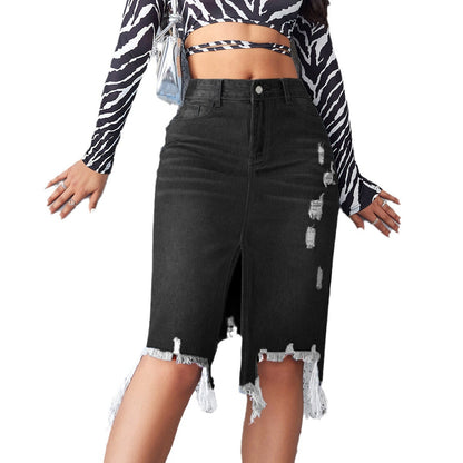 Damen Jeansrock mit hohem Schlitz und lässigem Fransensaum Stalluxe