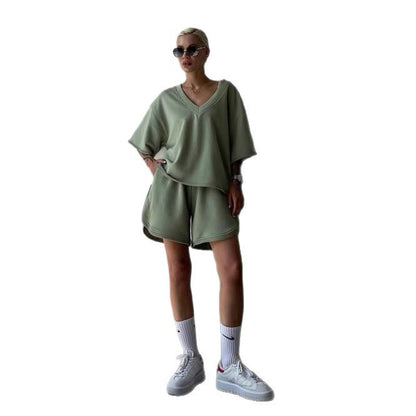 Damen lässiges V-Ausschnitt Set mit bequemen Shorts und oversized Oberteil Stalluxe