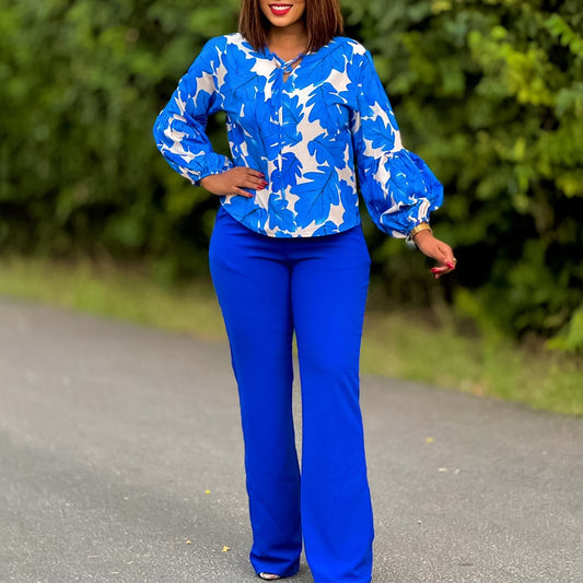 Damen Elegantes Set bestehend aus lässiger Bluse mit voluminösen Ärmeln und klassischer Hose Stalluxe
