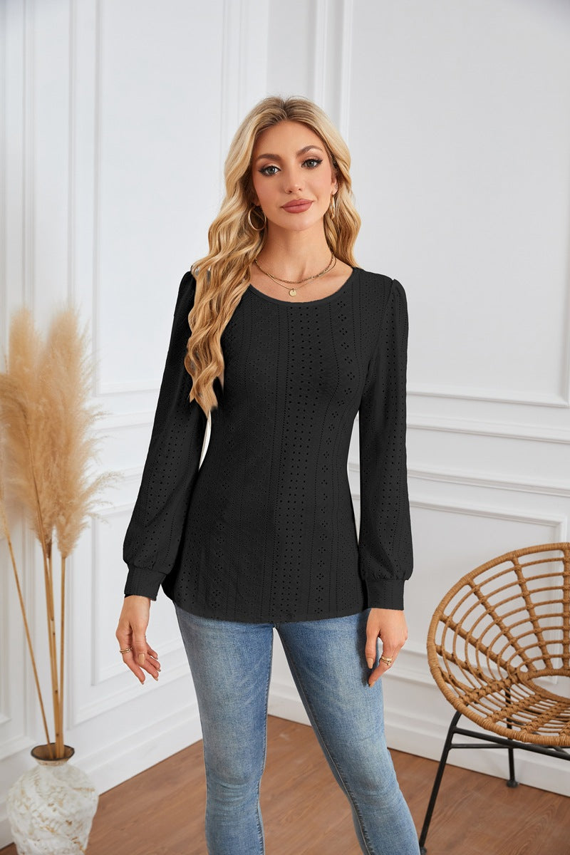 Damen Bluse mit luftigen Lochmustern und eleganten Puffärmeln Stalluxe