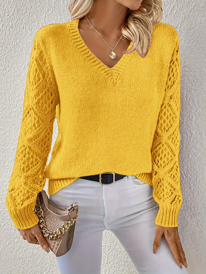 Damen Strickpullover mit raffinierten Häkelärmeln und V-Ausschnitt Stalluxe