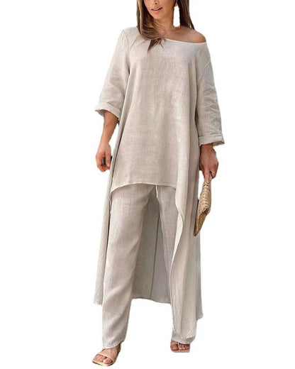 Women's Elegant Asymmetric Linen Tunic and Pants Set Stalluxe