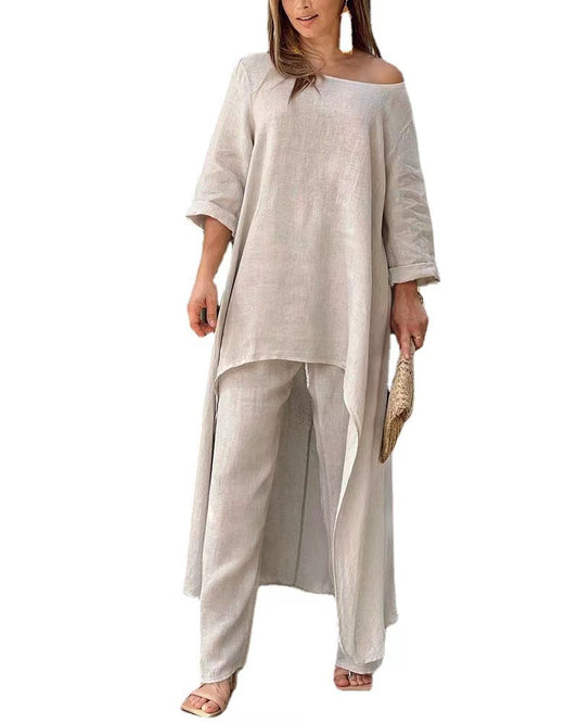 Women's Elegant Asymmetric Linen Tunic and Pants Set Stalluxe