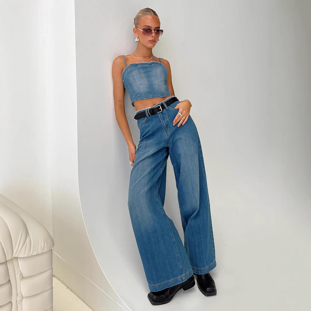 Damen Weit geschnittene Denim-Jeans mit fransigen Säumen Stalluxe