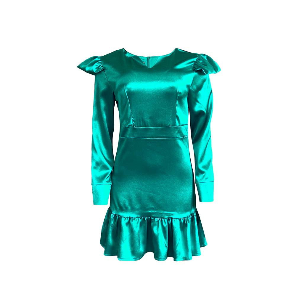 Damen Schimmerndes Mini-Kleid mit Puffärmeln und Rüschensaum Stalluxe Grün
