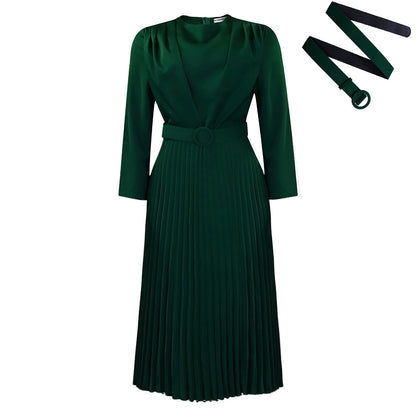 Damen Plisseekleid mit elegantem V-Ausschnitt und Gürtel Stalluxe