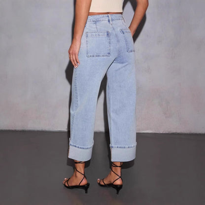 Damen Boyfriend Jeans mit lässigem Umschlagbund und hohen Taschen Stalluxe