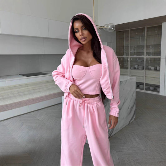 Damen sportliches Fleece-Set mit Jacke und weitem Hosen Stalluxe