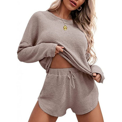 Damen lässiges Waffelstrick-Outfit mit komfortablem Crop-Oberteil und Shorts Stalluxe