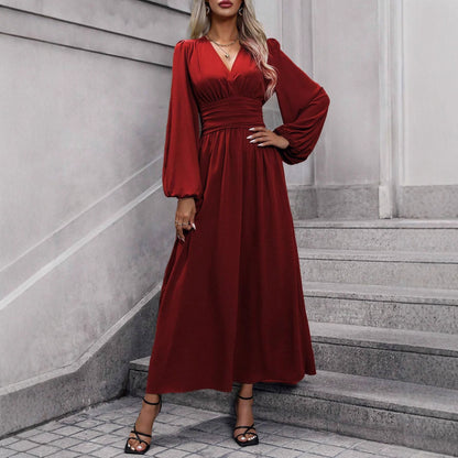 Damen elegantes Maxikleid mit V-Ausschnitt und voluminösen Puffärmeln Stalluxe
