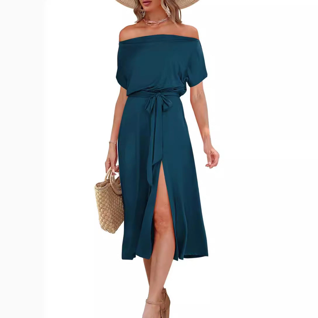 Damen Off-Shoulder Midikleid mit Taillengürtel und praktischen Taschen Stalluxe
