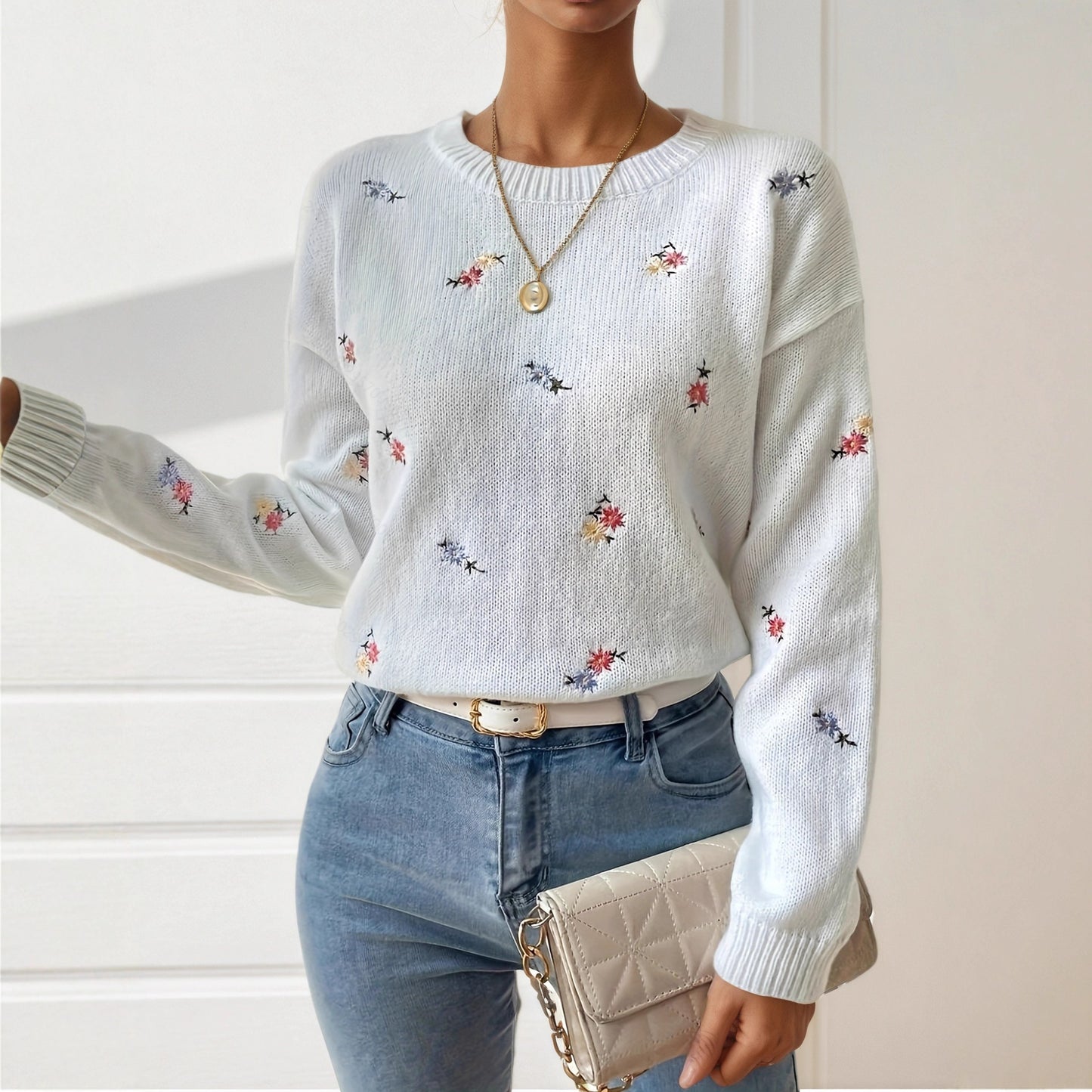 Damen Strickpullover mit floralen Stickdetails und lässigem Schnitt Stalluxe
