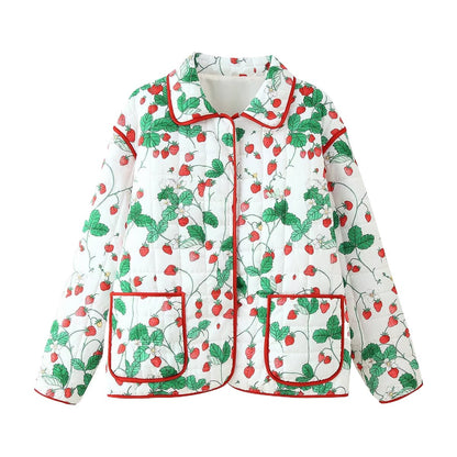Damen modische Steppjacke mit Erdbeermuster und großen Taschen Stalluxe