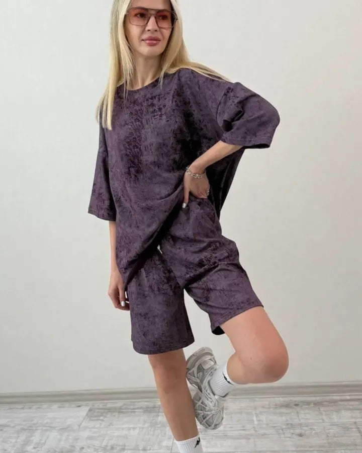 Damen lässiges Kurzarm-Set aus weichem Material mit bequemen Shorts Stalluxe