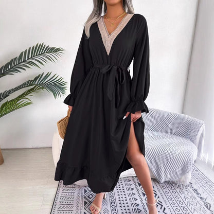 Damen Maxikleid mit eleganter V-Ausschnitt und Rüschendetails Stalluxe