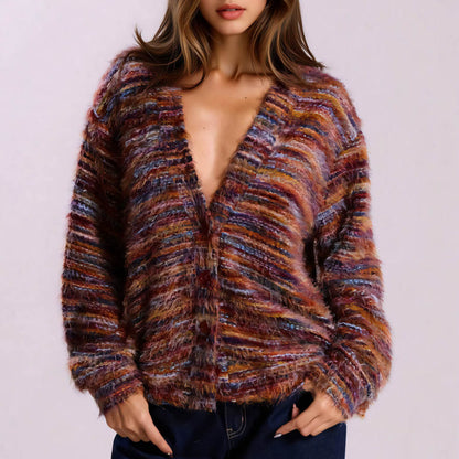 Damen Flauschige Strickjacke mit tiefem V-Ausschnitt und weitem Schnitt Stalluxe