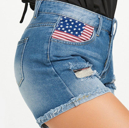 Damen Jeansshorts mit modischem USA-Print und Destroyed-Detail Stalluxe