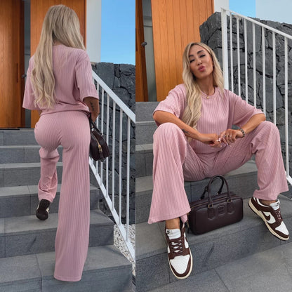 Damen elegantes, rippstrukturiertes Lounge-Set mit weitem Schnitt und kurzen Ärmeln Stalluxe