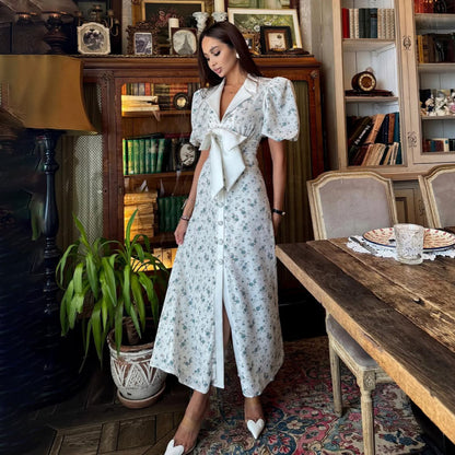 Damen Maxi-Kleid mit Puffärmeln und Schärpenbund Stalluxe