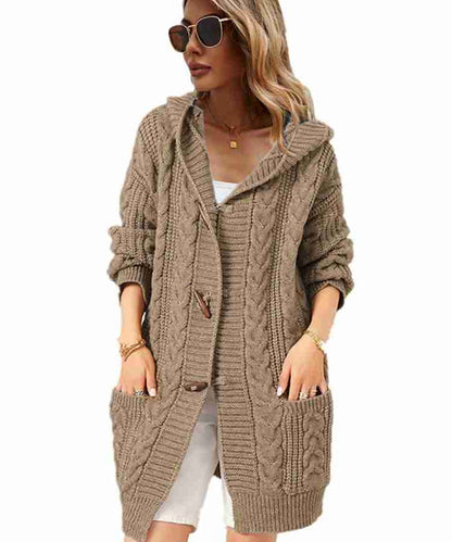 Damen Strickjacke mit Kapuze und Knopfdetails Stalluxe Khaki
