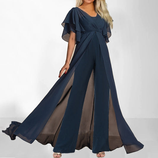 Damen Chiffon Jumpsuit mit voluminösen Ärmeln und eleganter Wickeloptik Stalluxe