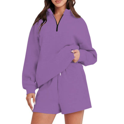 Damen bequemen Freizeit-Sweatanzug mit halbem Reißverschluss und Shorts Stalluxe