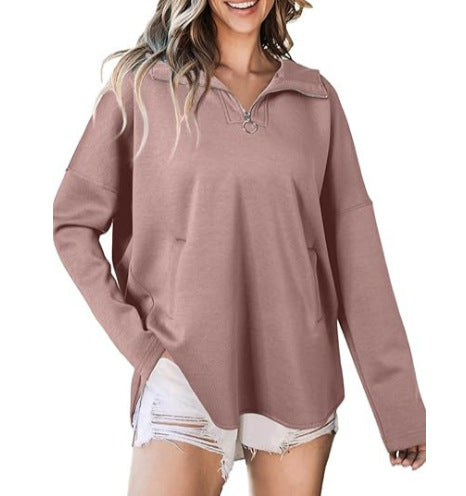 Damen lässiger Oversized Pullover mit halben Reißverschluss und Seitentaschen Stalluxe