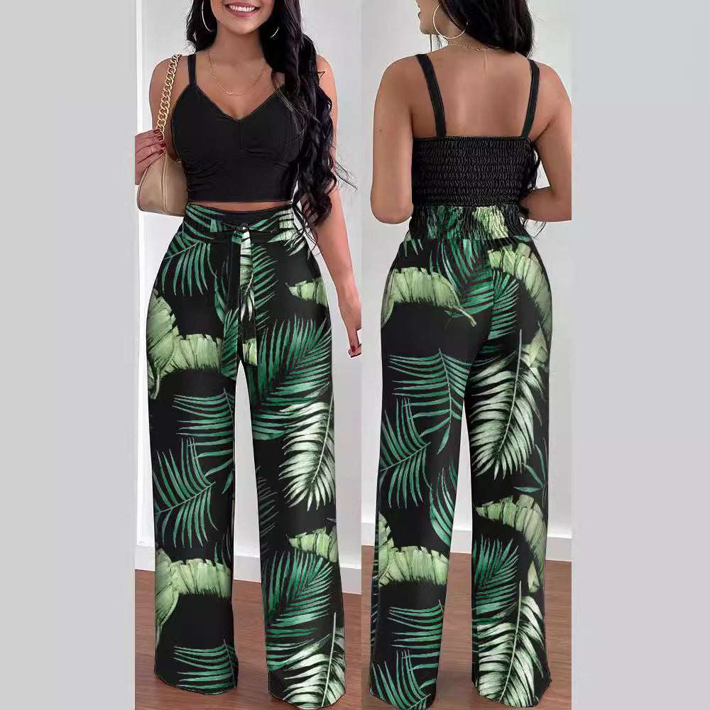 Damen lässiges Set bestehend aus floralem Oberteil mit Rüschen und weitem Hosen Stalluxe