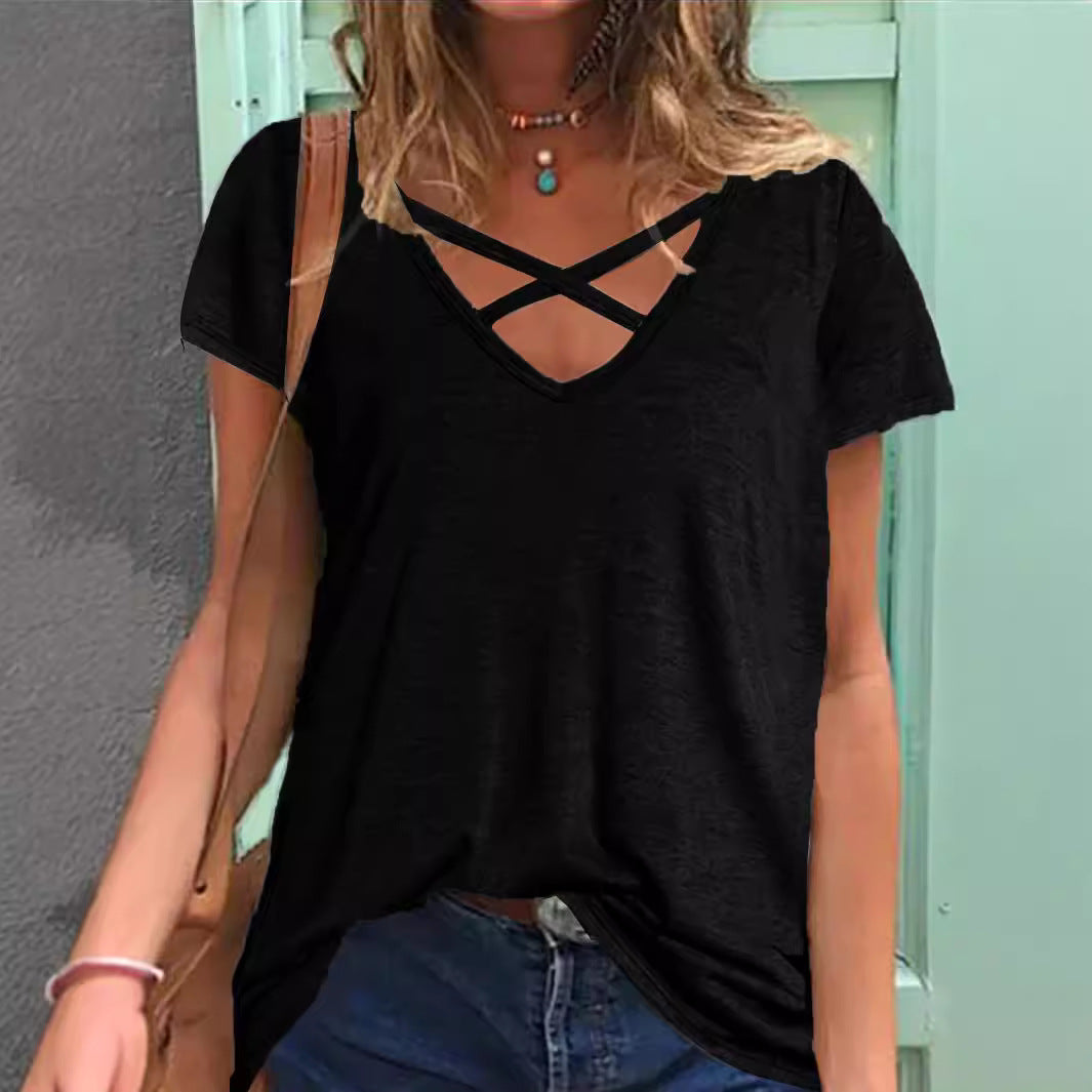Women's Crisscross V-Neck Casual Tee Stalluxe