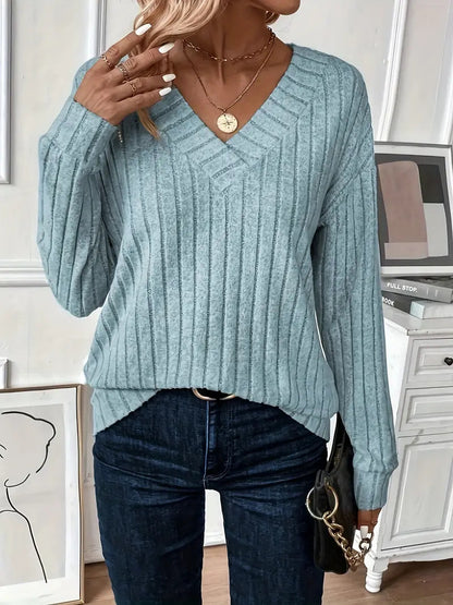 Damen Eleganter V-Ausschnitt Strickpullover mit Rippdesign Stalluxe