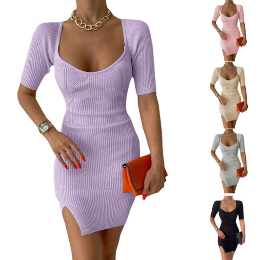 Damen Figurschmeichelndes Strickkleid mit kurzen Ärmeln und seitlichen Schlitzen Stalluxe