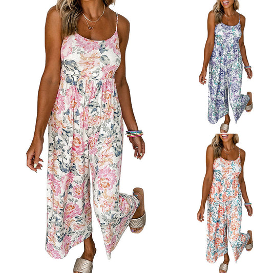 Damen Luftiger Jumpsuit mit floralen Details und schmalen Trägern Stalluxe