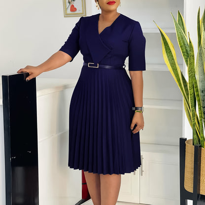Damen Plissee Kleid mit taillierendem Gürtel und elegantem V-Ausschnitt Stalluxe