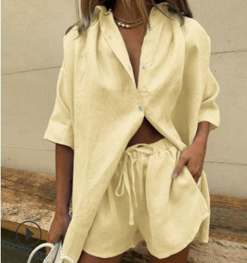 Damen lässiges Leinen-Set mit oversized Hemd und kurzen Hosen Stalluxe