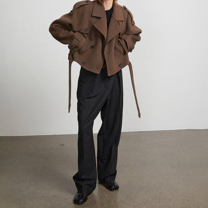 Damen lässige cropped Trenchjacke mit abnehmbaren Gürtel und großen Taschen Stalluxe