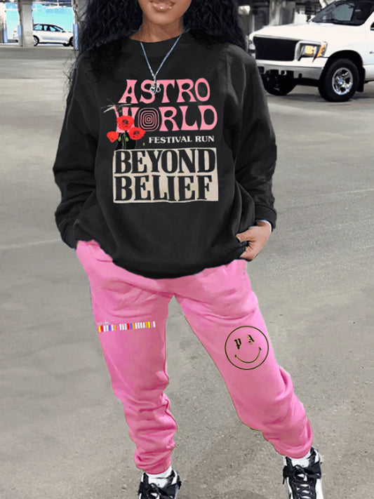 Damen Lange Ärmel T-Shirt und lockere Jogginghose Set mit auffälligem Grafikdesign Stalluxe