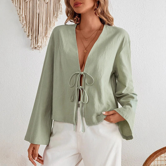 Damen lässige Blumenshirt mit tiefer V-Ausschnitt und Kordelzug Stalluxe