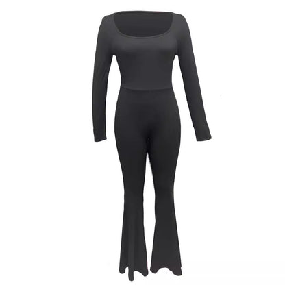 Damen Eleganter und figurbetonter Jumpsuit mit weitem Bein und langen Ärmeln Stalluxe