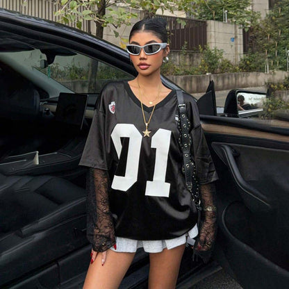 Damen Streetstyle Oversized T-Shirt mit Lace-Ärmeln Stalluxe