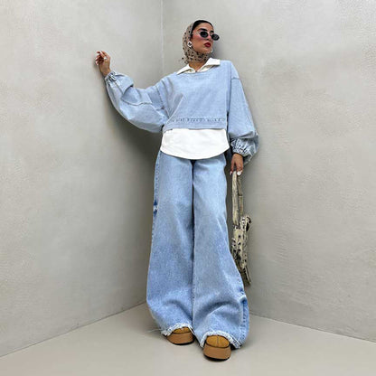 Damen Oversized Denim-Look Pullover mit voluminösen Ärmeln Stalluxe