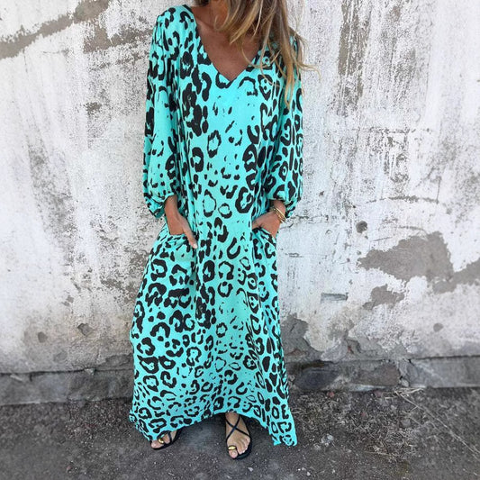 Damen lässiges Maxikleid im Leopardenmuster mit tiefem V-Ausschnitt Stalluxe